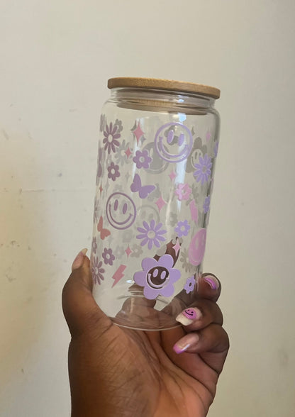Smiley Face , Flowers and Lighting BoltIce Coffee Cup