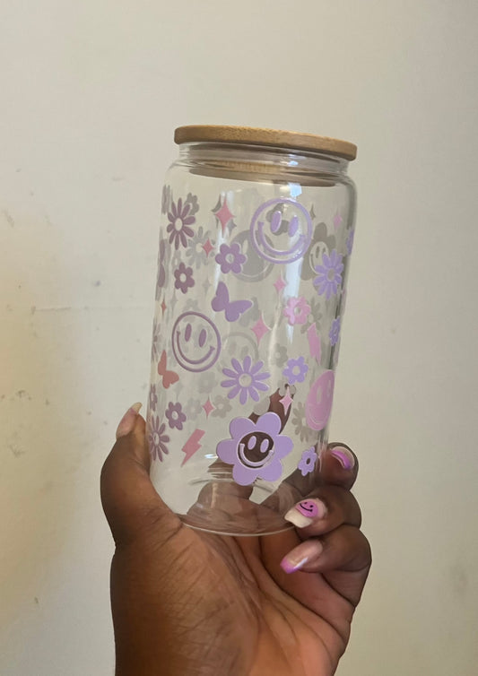 Smiley Face , Flowers and Lighting BoltIce Coffee Cup